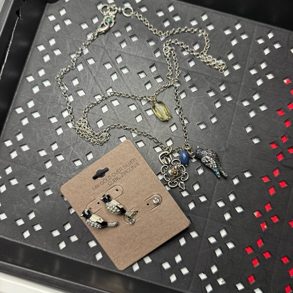 Lucky Brand Bird Charm Necklace + 14K Gold Over Silver CZ Bird Earrings Set - Picture 2 of 10
